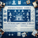 Blueprint illustrating the implementation of anonymous feedback channels to enhance workplace trust, emphasizing employee trust building, safe feedback channels, workplace transparency, and the benefits of honest employee opinions.