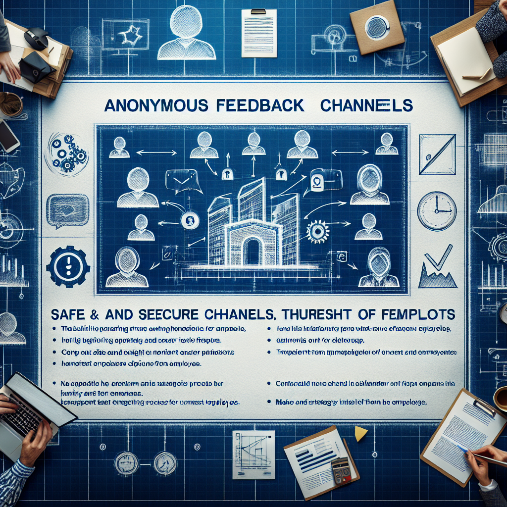 Blueprint illustrating the implementation of anonymous feedback channels to enhance workplace trust, emphasizing employee trust building, safe feedback channels, workplace transparency, and the benefits of honest employee opinions.
