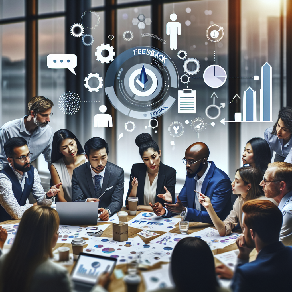 High-performing team collaboratively discussing feedback strategies to enhance employee performance and improve team communication for effective management and success.
