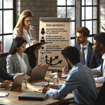 A group of diverse professionals engaged in a meeting, discussing strategies for implementing feedback loops to promote organizational growth, with a focus on leadership and management skills.