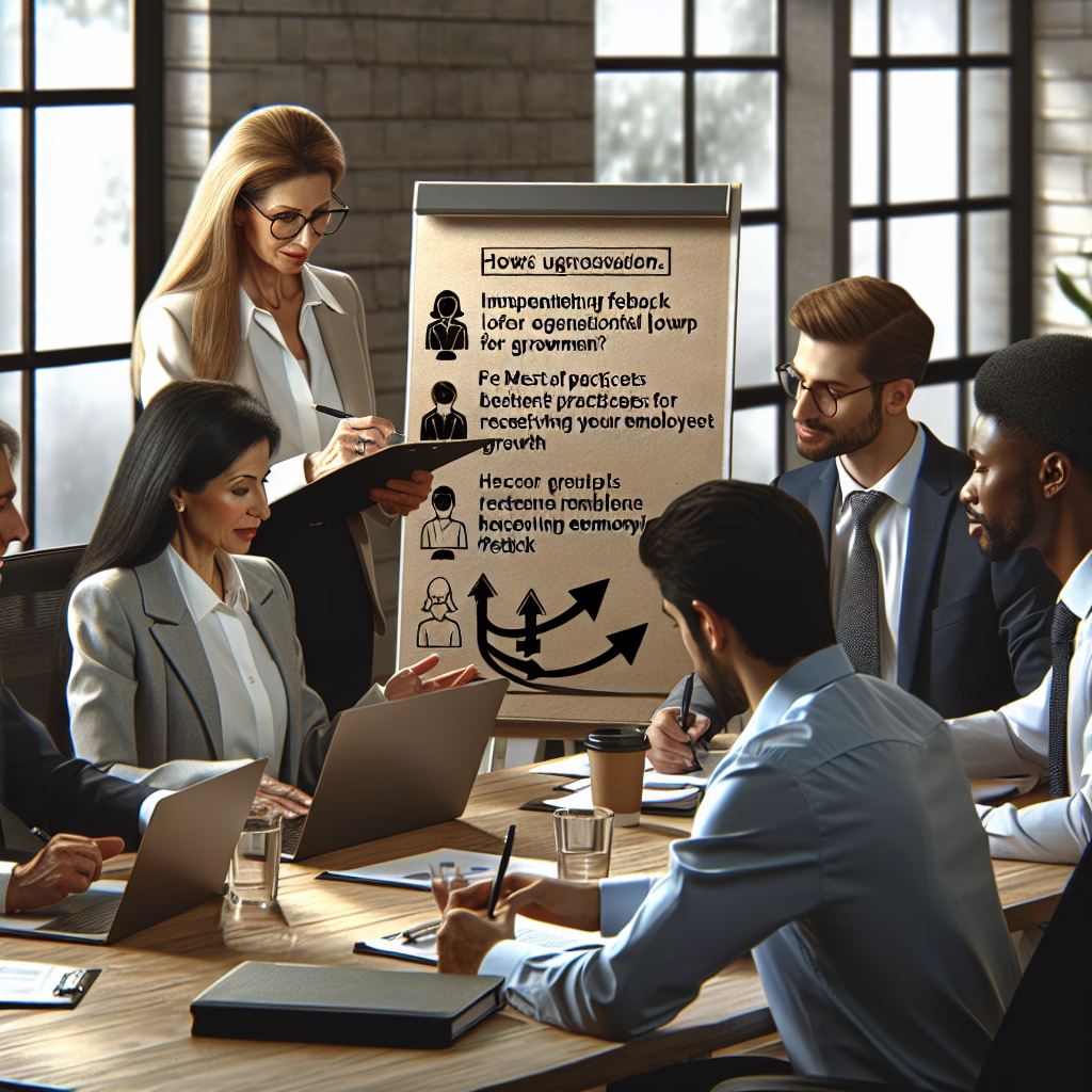 A group of diverse professionals engaged in a meeting, discussing strategies for implementing feedback loops to promote organizational growth, with a focus on leadership and management skills.