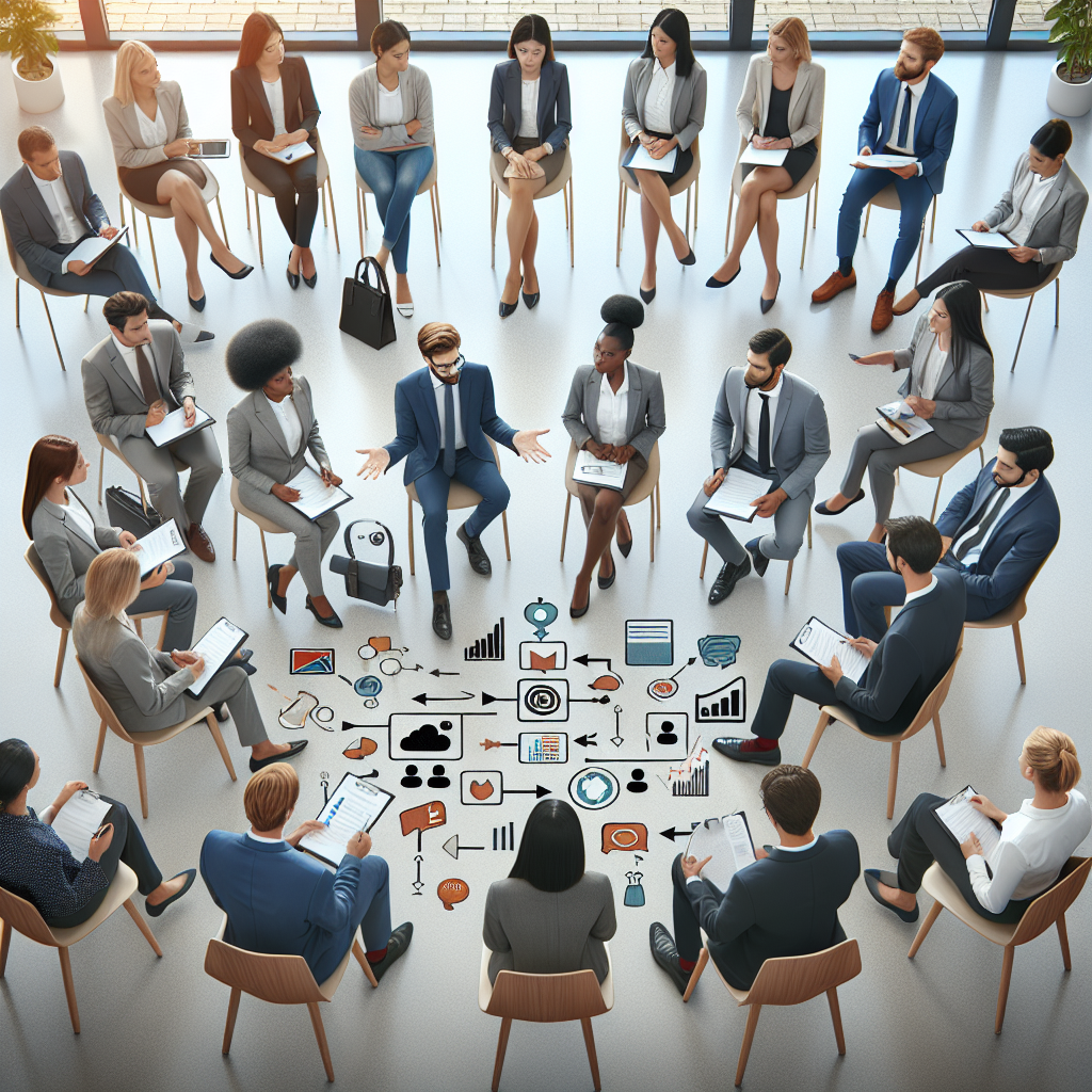 A professional setting featuring a diverse group of employees engaged in a feedback session, illustrating effective and ineffective communication strategies, with references to Incogneato's tools for enhancing feedback processes.