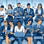 A professional setting showcasing employees engaging with digital tools on their devices to receive real-time feedback, highlighting the integration of technology in enhancing employee performance and HR processes.