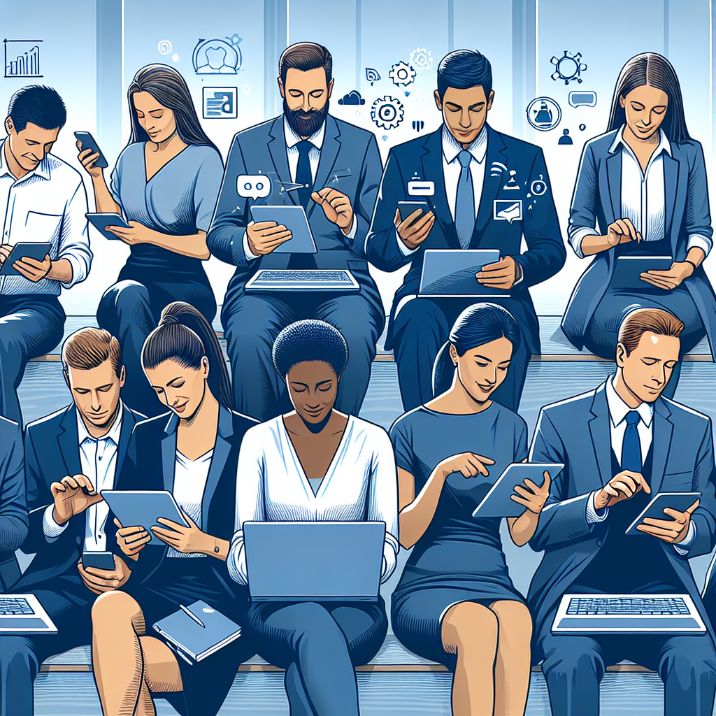 A professional setting showcasing employees engaging with digital tools on their devices to receive real-time feedback, highlighting the integration of technology in enhancing employee performance and HR processes.