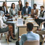 A diverse group of employees in a modern office setting, engaging in a discussion with anonymous feedback forms on the table, symbolizing the enhancement of company culture through simple employee feedback.