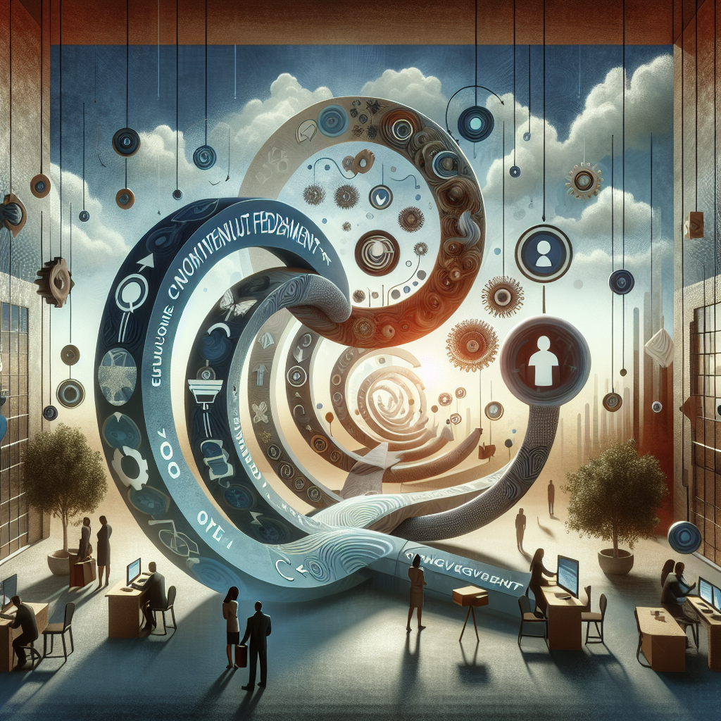 A conceptual illustration depicting the dynamics of continuous feedback in enhancing employee engagement and performance within a workplace culture.