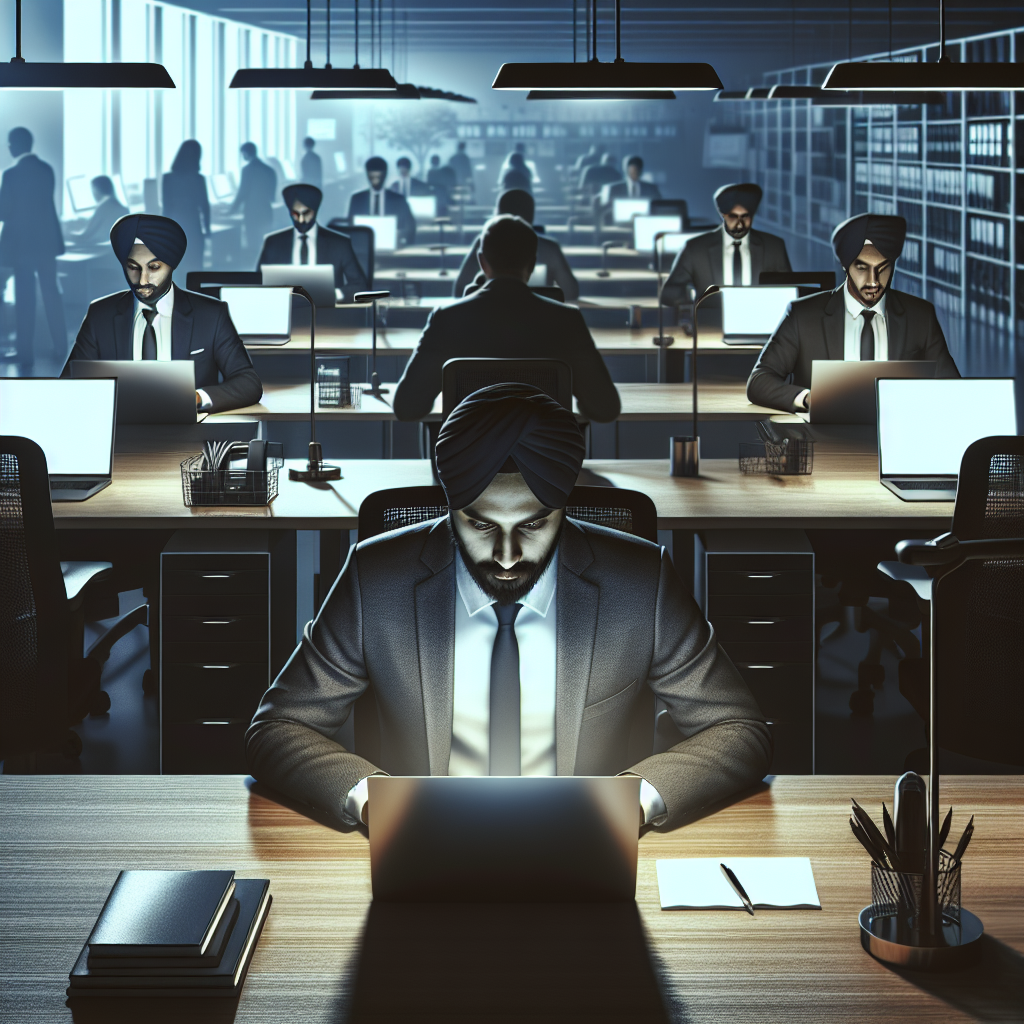 A contemplative office setting with an individual typing on a laptop, symbolizing the importance of anonymous feedback in addressing career challenges.