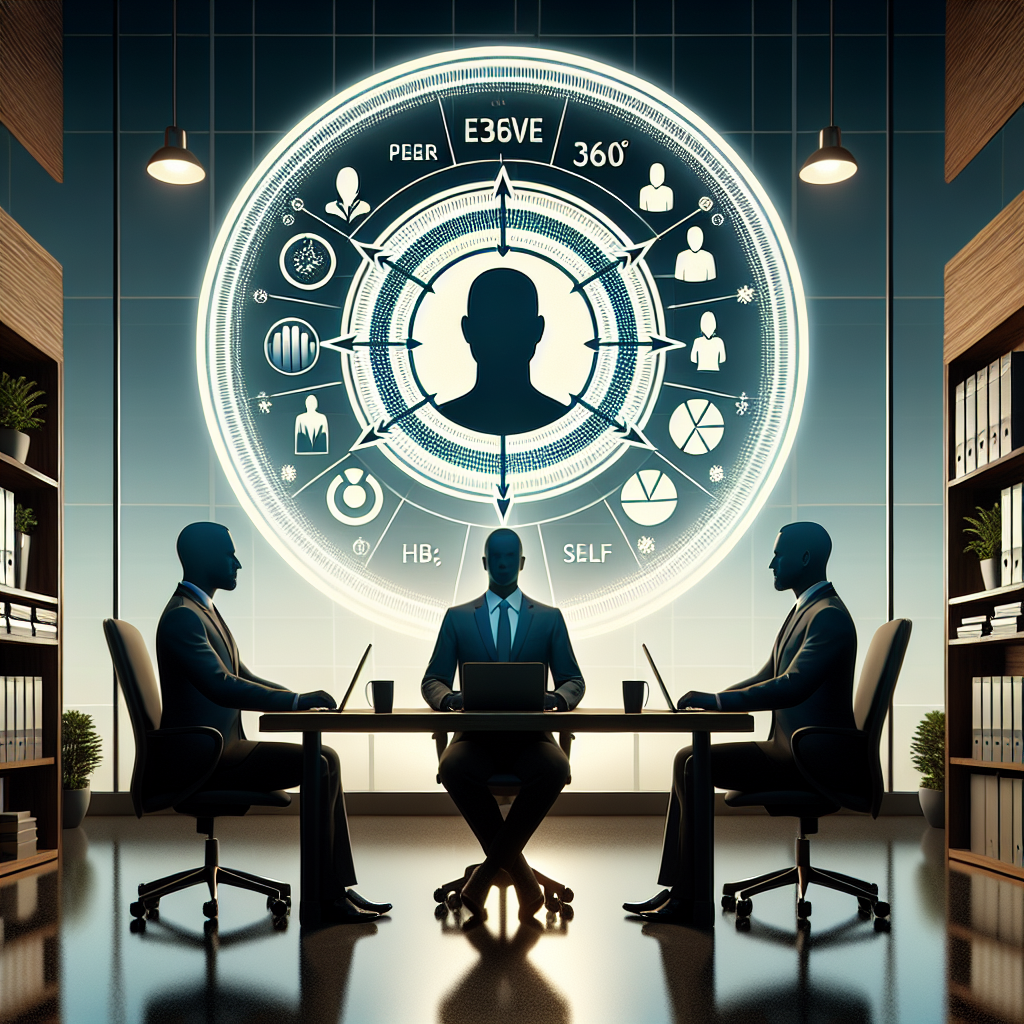 Three overlapping silhouettes labeled Peer, Manager, Self around a circular 360° calibration chart showing multisource feedback scores for leadership and team performance.