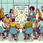 Colleagues around a whiteboard mapping a shared feedback framework, openly discussing honest feedback to build trust and shift workplace culture.