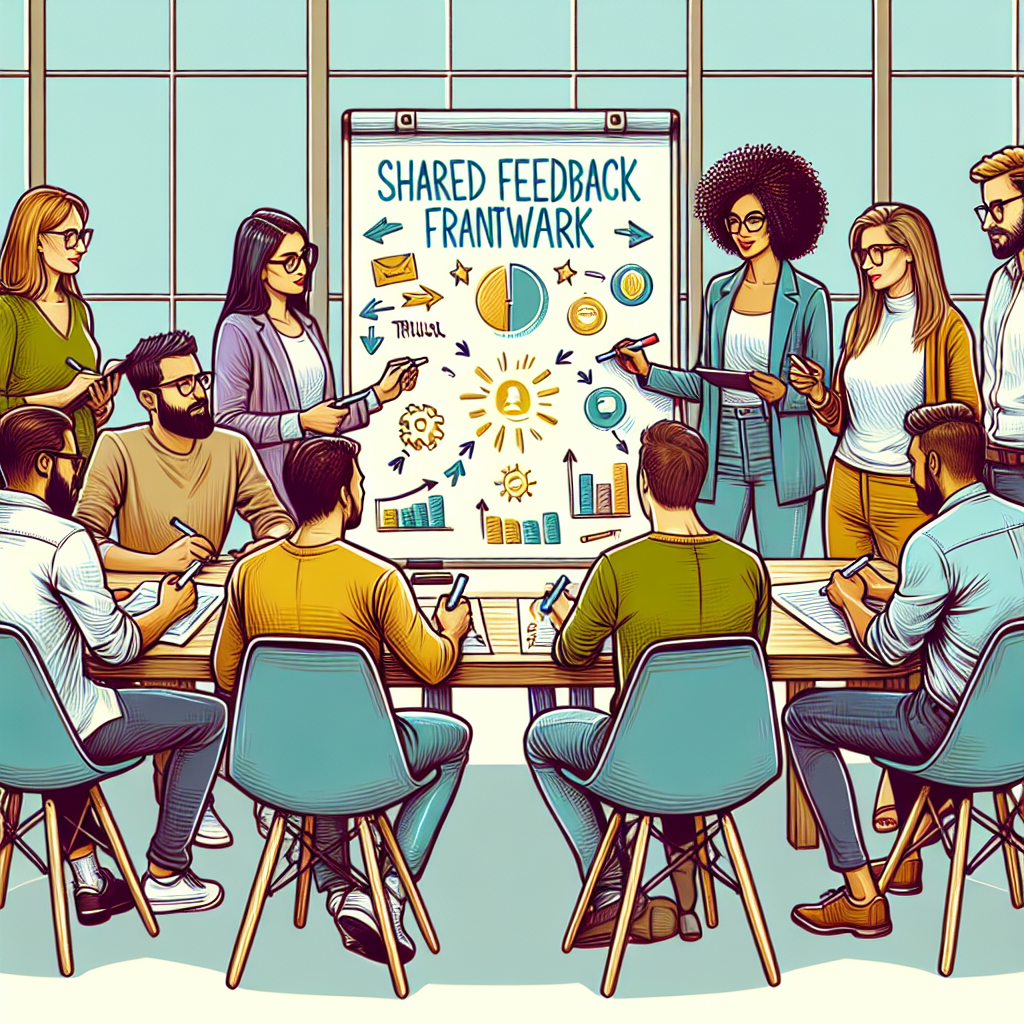 Colleagues around a whiteboard mapping a shared feedback framework, openly discussing honest feedback to build trust and shift workplace culture.