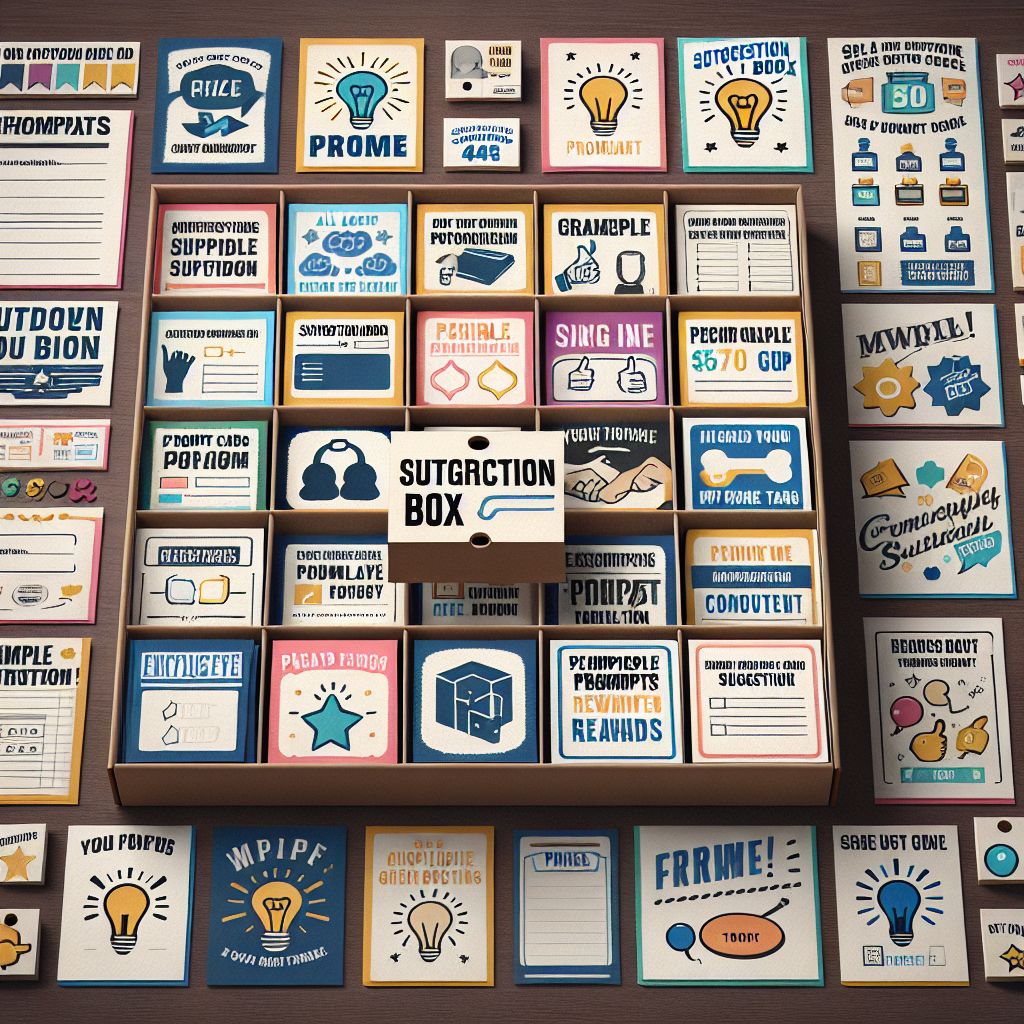 Prompt cards and prize tags arranged to showcase 50+ suggestion box ideas — formats, sample prompts, and reward options to boost employee engagement and participation.
