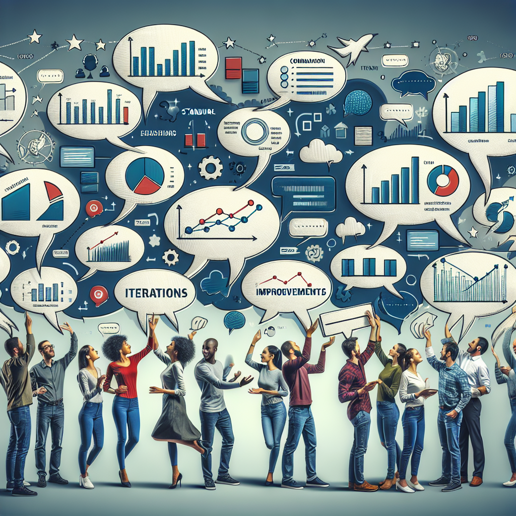 Colleagues share speech bubbles that morph into scorecards, showing constructive feedback, ongoing communication, iterative improvement, and progress against shared success metrics.