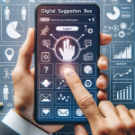 Hand tapping a mobile suggestion-box app displaying suggestion cards, live analytics charts, and automation icons