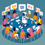 A friendly chatbot avatar facilitates a peer-to-peer storytelling workshop — participants sit in a circle sharing stories on sticky notes and laptops, demonstrating innovative feedback beyond surveys.
