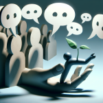 Shadowed figures sending anonymous speech bubbles that transform into supportive hands and a small sprout, symbolizing voices, resilience, and growing trust in a tough job market.