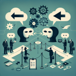 Masked silhouettes exchange anonymous feedback through locked speech bubbles while arrows, gears, and a checklist indicate clear direction for a respectful, constructive rollout.