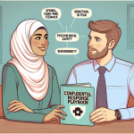 Person with quiet confidence giving open, fear-free feedback while a colleague listens supportively, a confidential response playbook labeled "psychological safety" on the table.