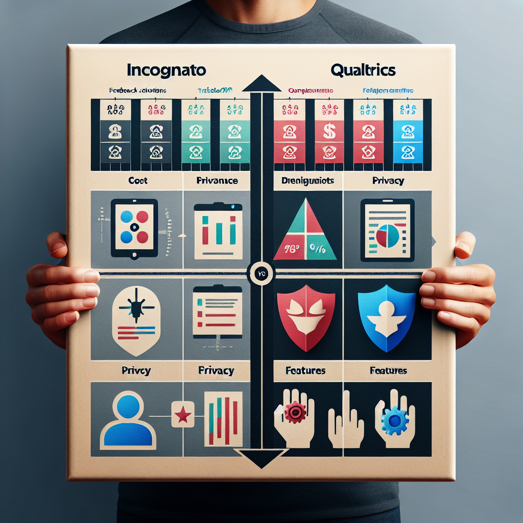 Tradeoff matrix comparing Incogneato and Qualtrics on cost, privacy, and features — Incogneato leans toward stronger privacy and lower cost, Qualtrics toward richer features at higher cost.
