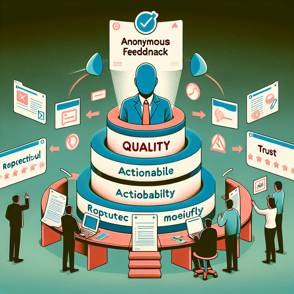 Messy anonymous comments being sorted into clear feedback cards labeled "Quality," "Actionable," and "Trust," while a moderator respectfully guides adoption and moderation.